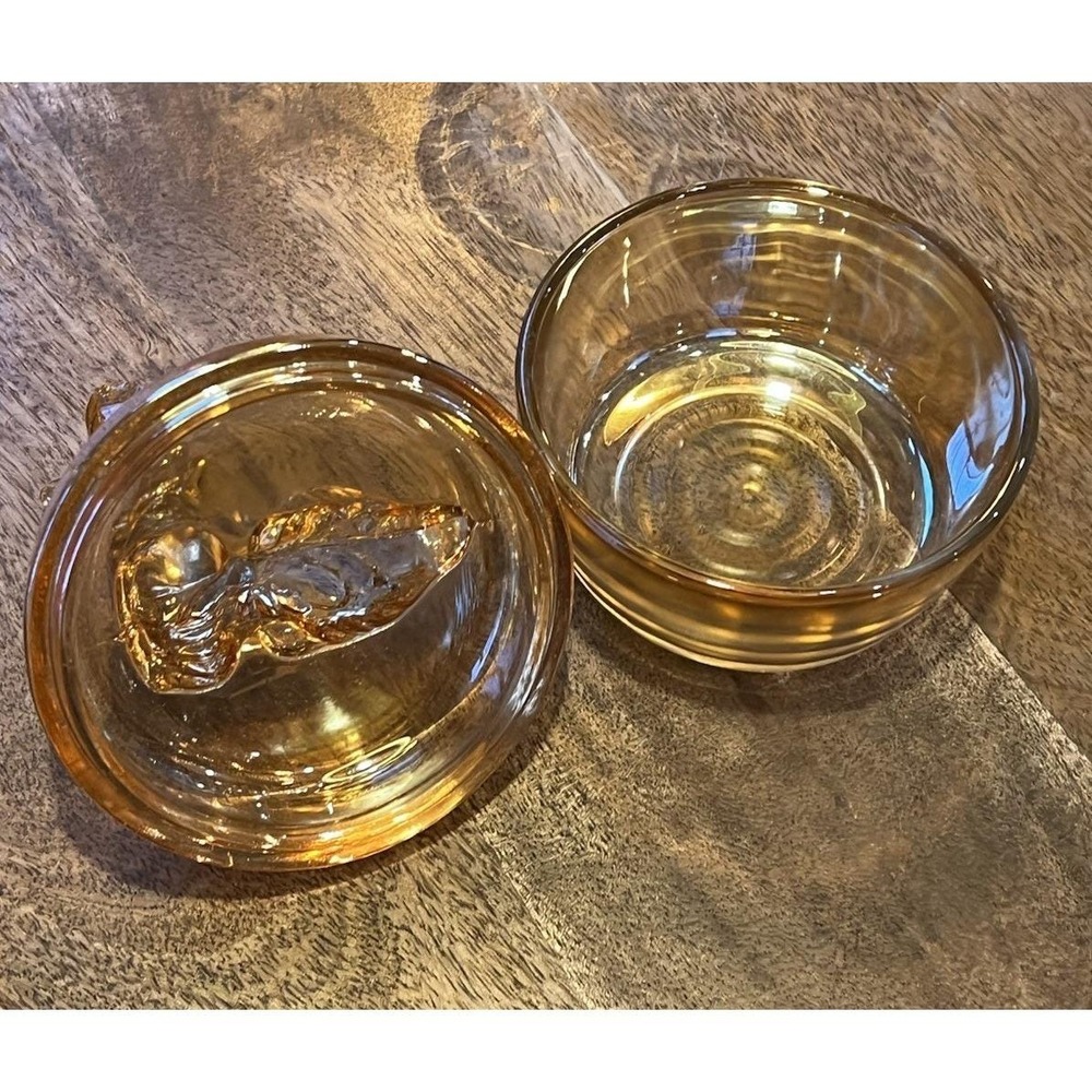 Vtg Jeanette Scottie Dog Marigold Carnival Glass‎ Dish Lid Powder Candy Jar 1940 - Picture 6 of 7